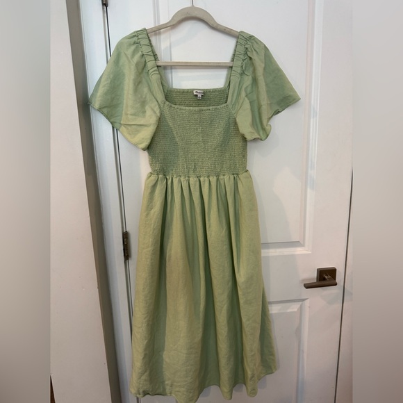 Madewell Sage Green Linen-Blend Lucie Smocked Midi Dress - Picture 5 of 9